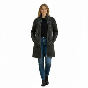 Skyr Floral Jacquard Zip Up Midi Cardigan Jacket Small Black Gray Nordic